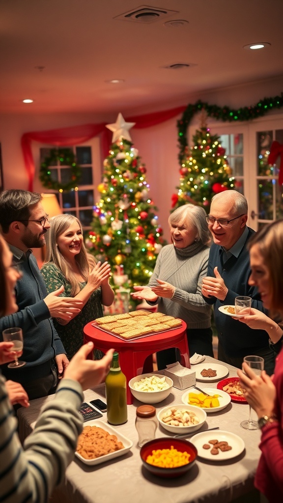 Guests enjoying Christmas party games and activities in a festive setting.